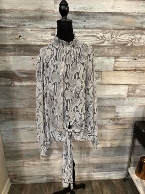NWT Express Snake-Print Sheer Tie-Front Blouse - White & Gray